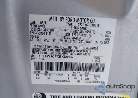 2011 Ford F-150 Fx2 from USA, damaged, VIN 1FTFW1CFXBKD91373